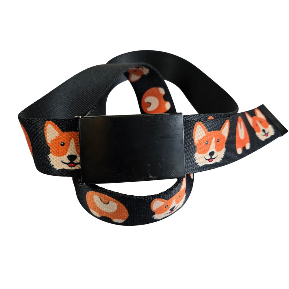 Corgi Dog Print Web Belt Black Made in USA Adjustable Metal Flip Top Buckle 47in